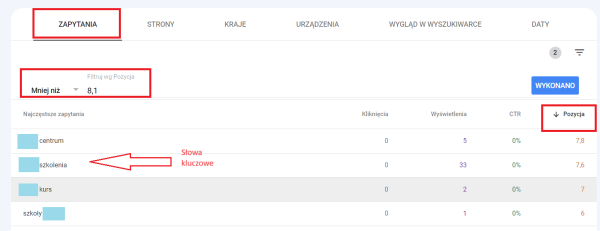 Ustawienie filtrowania, by sprawdzić słowa kluczowe o niskiej skuteczności