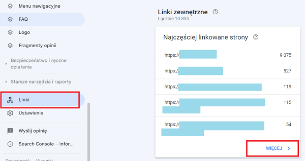 Panel GSC: Najczęściej linkowane strony stron zewnętrznych