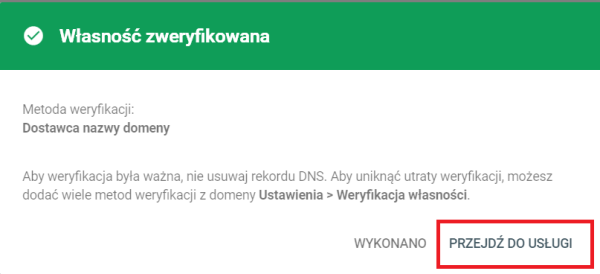 Komunikat potwierdzający weryfikację 