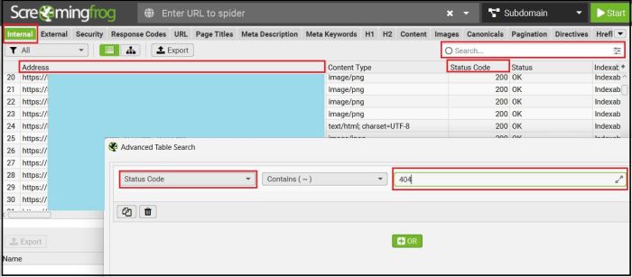 Panel Screaming Frog SEO Spider: Sprawdzanie, czy występują strony 404.
