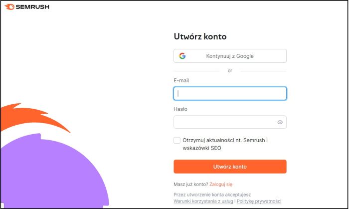 Pierwszy etap rejestracji na platformie Semrush.