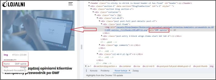 Podgląd atrybutu alt z poziomu Inspektora kodu - DevTools
