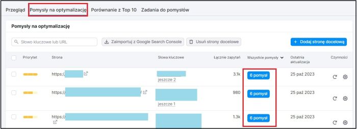 Panel Semrush: Panel z pomysłami do optymalizacji elementów na stronie