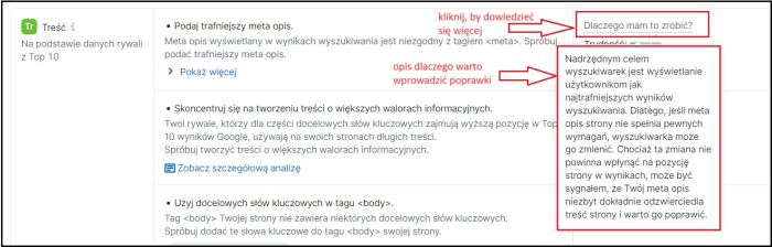 Panel Semrush: Przykładowy pomysł na dokonanie zmian na stronie