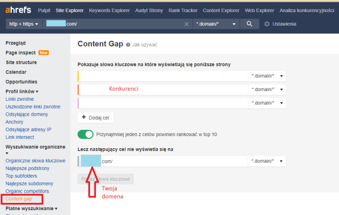 Panel Ahrefs: Wyszukiwarka słów kluczowych konkurencji „Content gap” lub „Różnica treści”.