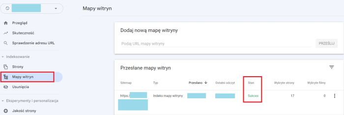 Panel Google Search Console: Sprawdzanie statusu przesłania mapy xml