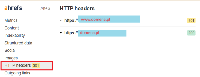 Panel rozszerzenia Ahrefs: Prawidłowe przekierowanie z https://www.domena.pl na https://domena.pl