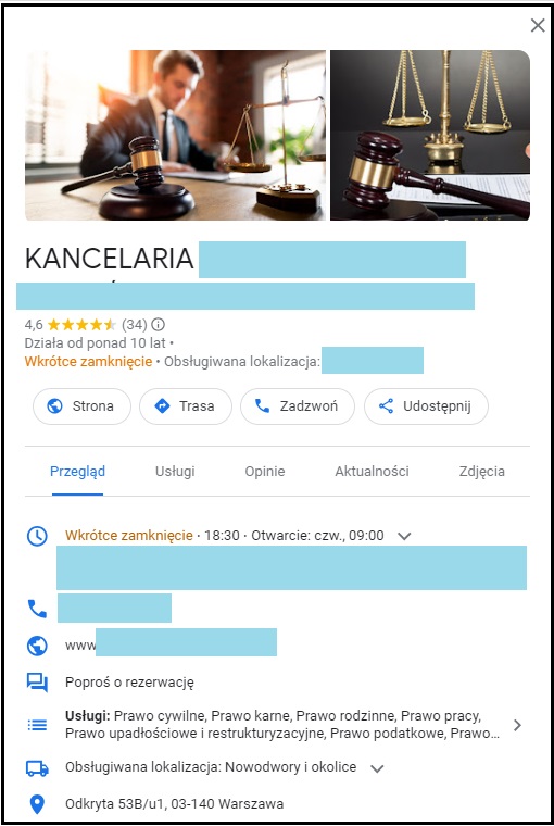 Przykładowa wizytówka dla kancelarii prawniczej w Google Moja Firma