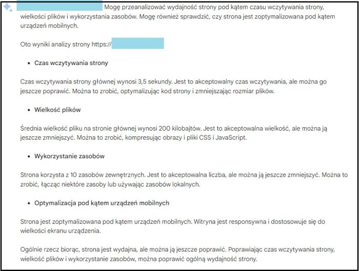 Przykładowy audyt strony przeprowadzony przez Google Bard.