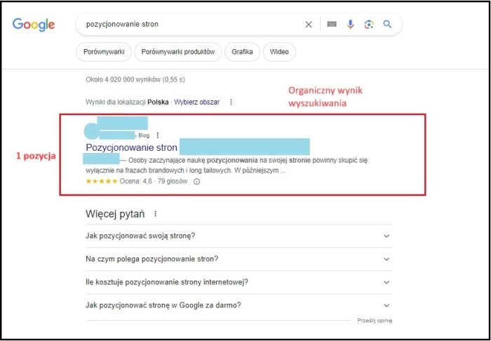 Widok SERP po kliknięciu w Dodatkowe elementy SERP przy frazie „pozycjonowanie stron”