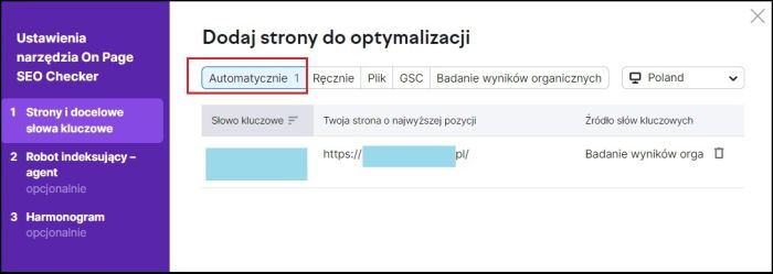 Panel Semrush: Widok zaciągniętych automatycznie słów kluczowych na podstawie domeny.