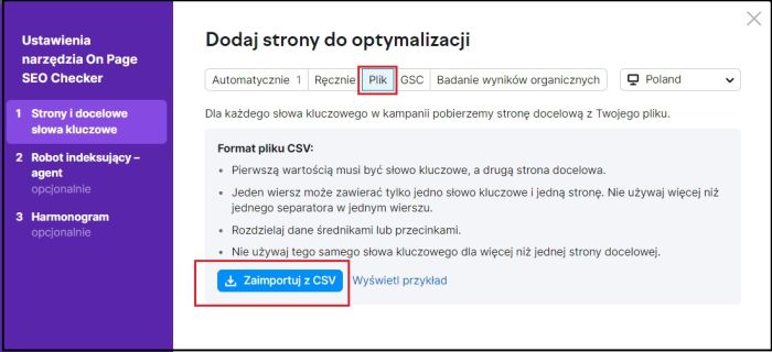 Panel Semrush: Importowanie wcześniej przygotowanego pliku ze słowami kluczowymi.